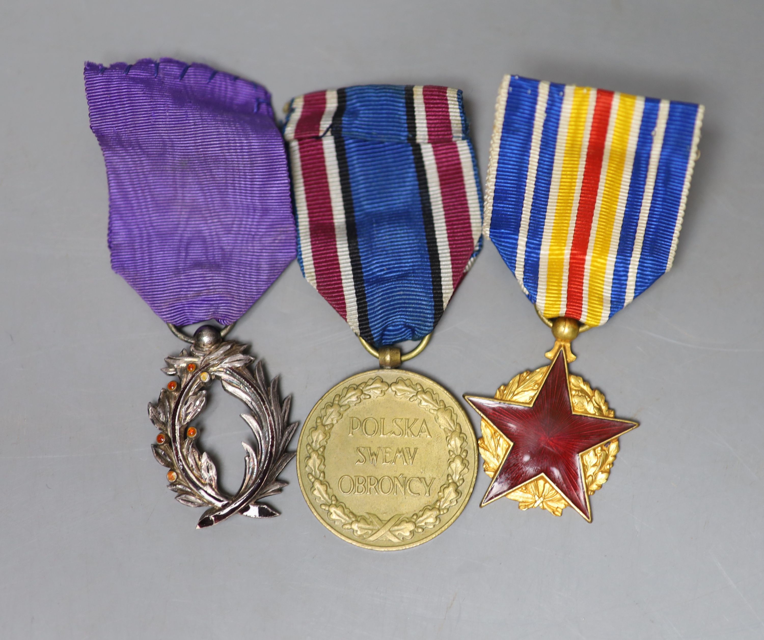 Three medals, including a Polish commemorative war medal (1918-1921), a Franco-Canadian Order of Academic Palms and a star medal